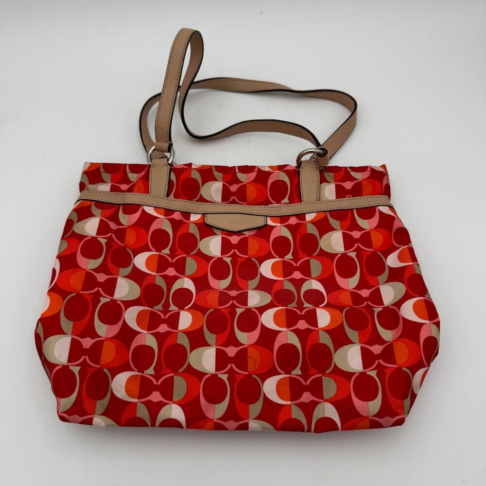 Coach Signature Striped Vermillion Dream C Tote Fabric with Silver Hardware